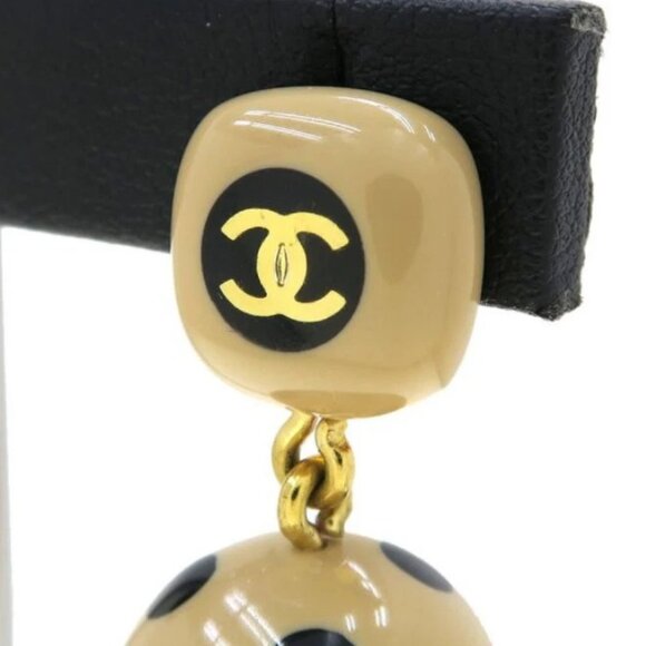 CHANEL CC Logos Black Dots Ball Cube Clip-On Earrings Gold Tone - Picture 5 of 9